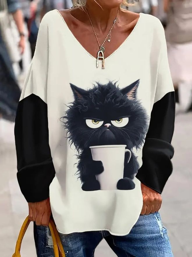 Janes Kadın Uzun Kollu V Yakalı Kedi Baskılı Şardonlu Dalgıç Bluz Beyaz Toptan Giyim Gündelik