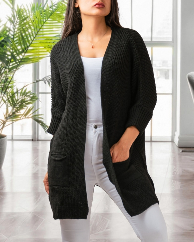 Janes Women's Oversize Pattern Pocket Casual Knitwear Cardigan Black Wholesale Clothing Birthday