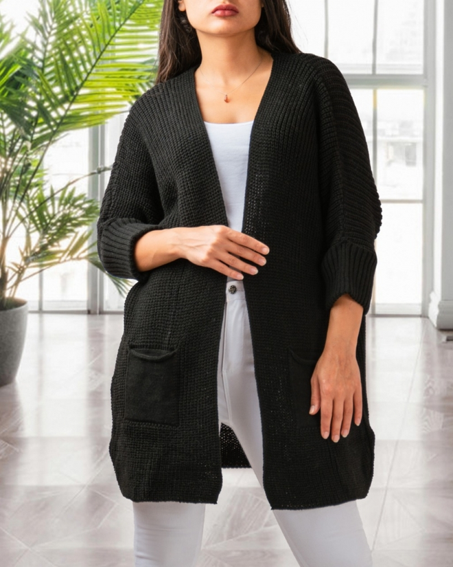 Janes Women's Oversize Pattern Pocket Casual Knitwear Cardigan Black Wholesale Clothing No Fabric