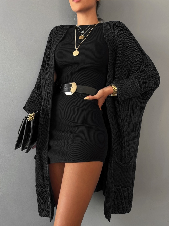 Janes Women's Oversize Pattern Pocket Casual Knitwear Cardigan Black Wholesale Clothing Fall