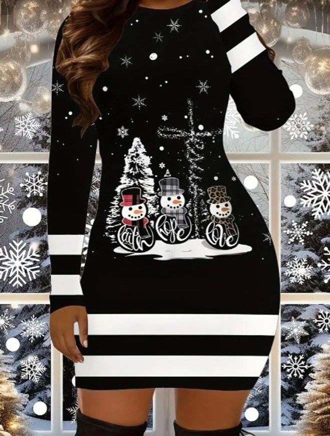 Janes Langärmliges Damen Tauch Weihnachtskleid Mit Rundhalsausschnitt Und Schneemann Muster – Schwarz Großhandelskleidung Lässig