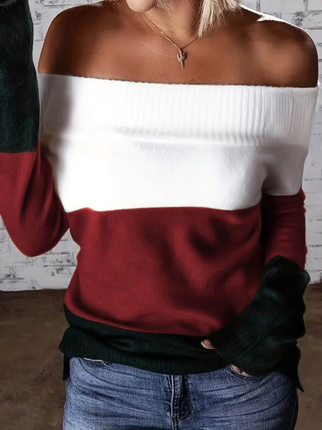 Janes Kadın Uzun Kollu Omuzlardan Açık Uzun Kollu Blok Çizgili Triko Bluz Bordo Toptan Giyim Gündelik