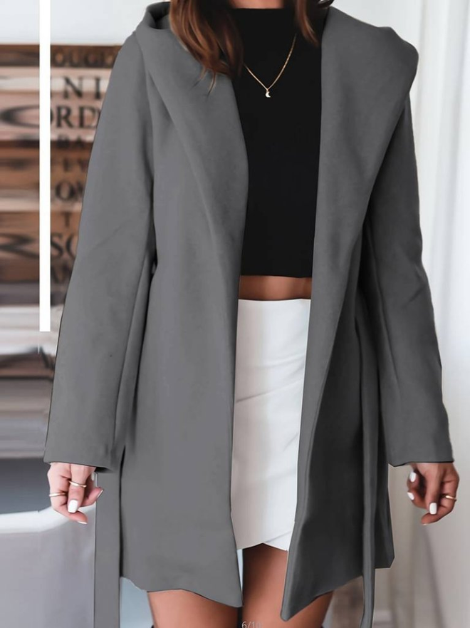 Janes Women's Long Sleeve Waist Belted Hooded Short Cashmere Coat Gray Wholesale Clothing Casual