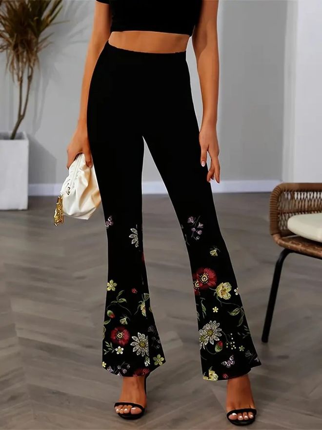 Janes Moteriškos Kelnės Aukštu Juosmeniu Gėlėmis Margintos Nardytojų Antblauzdžiais – Juodos Didmeninė prekyba drabužiais Kokteilinė
