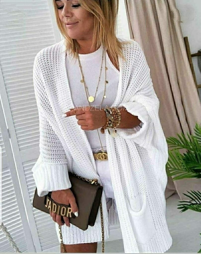 Janes Cardigan in maglia ampia con motivo tascabile da donna Bianco Abbigliamento all'ingrosso Casuale