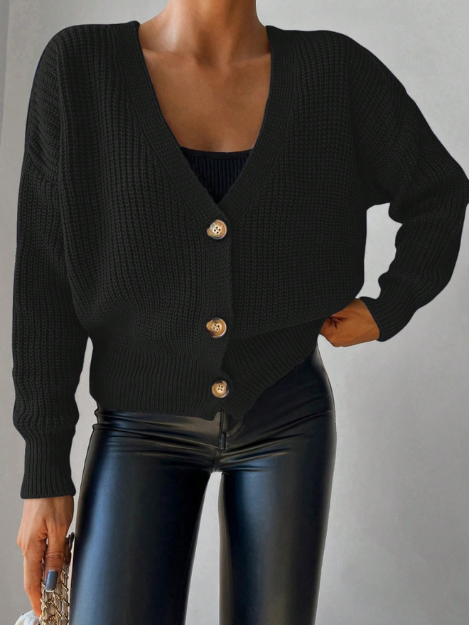 Janes Women's Long Sleeve Button Detail Knitwear Cardigan Black Wholesale Clothing Casual