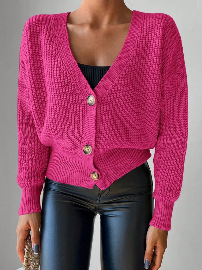 Janes Women's Long Sleeve Button Detail Knitwear Cardigan Pink Wholesale Clothing Casual