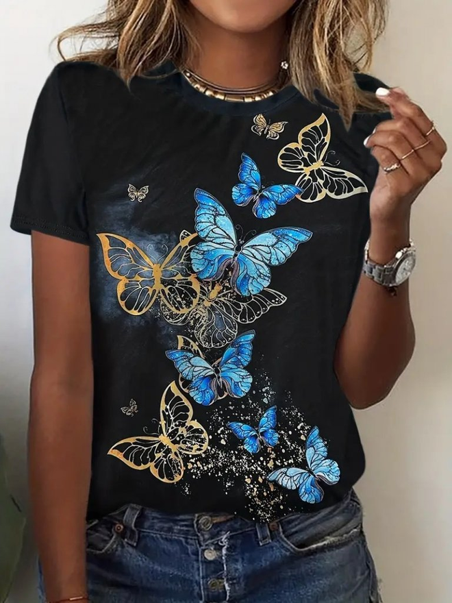 Janes Women's Short Sleeve Blue Yellow Butterfly Print Single Jersey T shirt Black Wholesale Clothing Casual