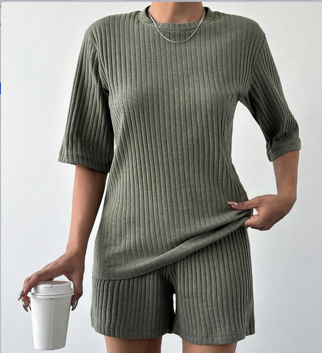 Janes Women's Short Sleeve Crew Neck Camisole Blouse Shorts Two piece Set Khaki Wholesale Clothing Casual
