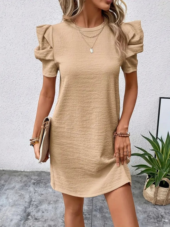 Janes Vestido De Crepé Zara De Manga Corta Con Cuello Redondo Y Manga Sandía Para Mujer Beige Ropa al por mayor Casual