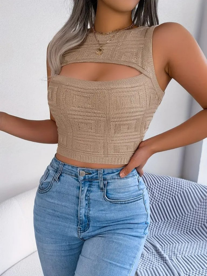Janes Women's Sleeveless Crew Neck Low cut Knitwear Crop Blouse Beige Wholesale Clothing Formal