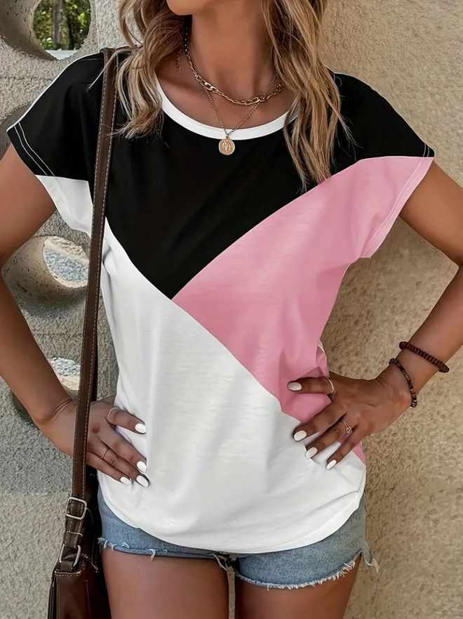 Janes Kadın Bisiklet Yaka Üç Renk Viskon T shirt Pembe Toptan Giyim Gündelik