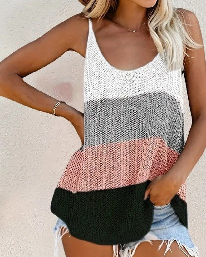 Janes Sleeveless Round Neck Casual Knitwear Blouse White & Gray & Pink & Black Wholesale Clothing Casual