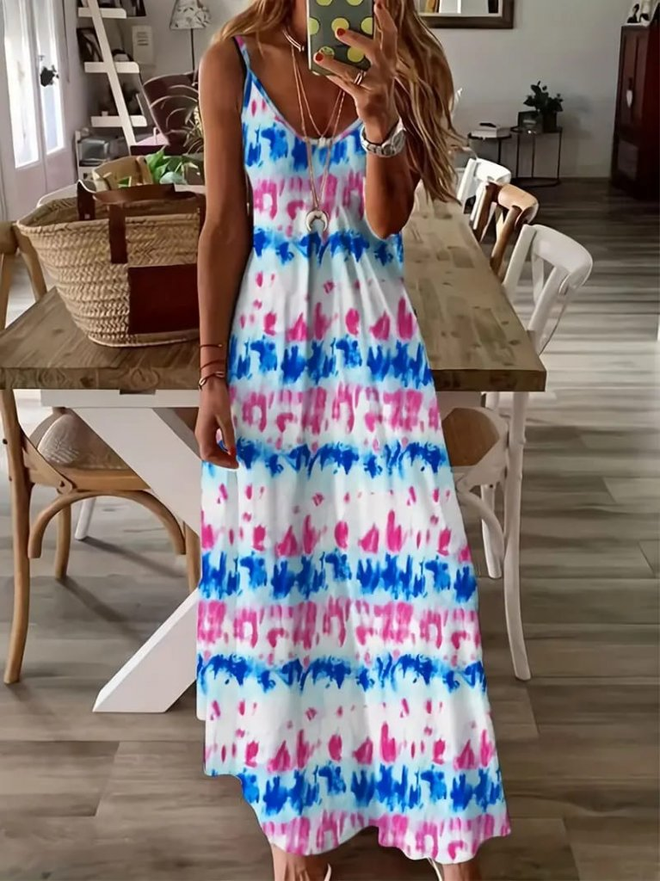 Janes Women's Strappy Full Length Jersey Dress White & Blue Wholesale Clothing Casual