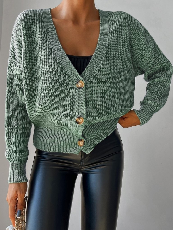 Janes Women's Long Sleeve Button Detail Knit Blouse Green Wholesale Clothing Casual