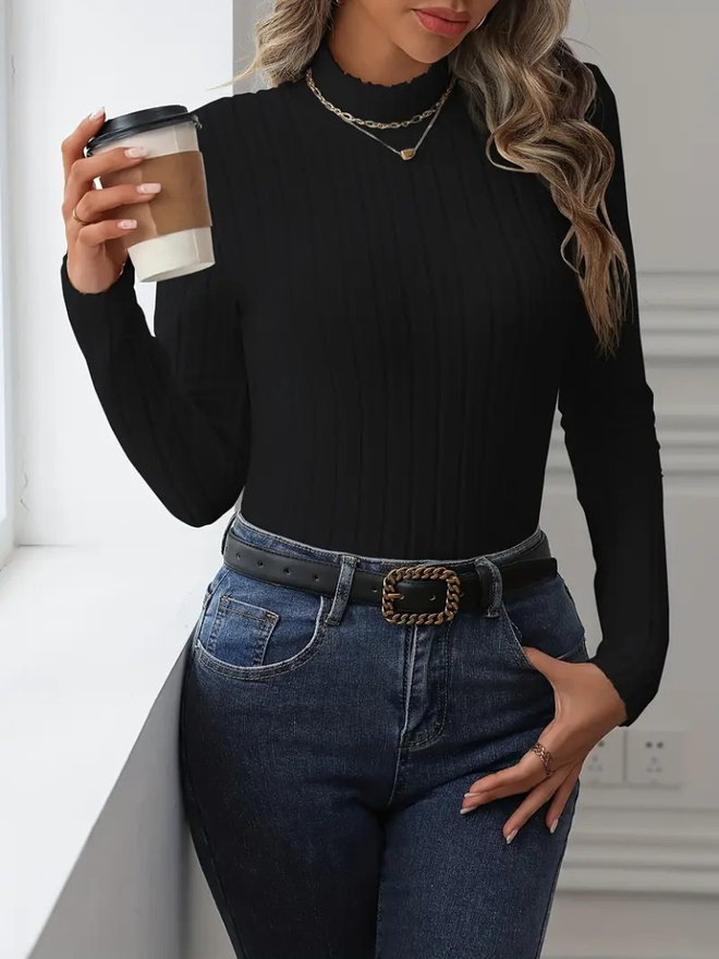 Janes Kadın Uzun Kollu Balıkçı Yaka Şardonlu Kaşkorse Bluz Siyah Toptan Giyim Gündelik