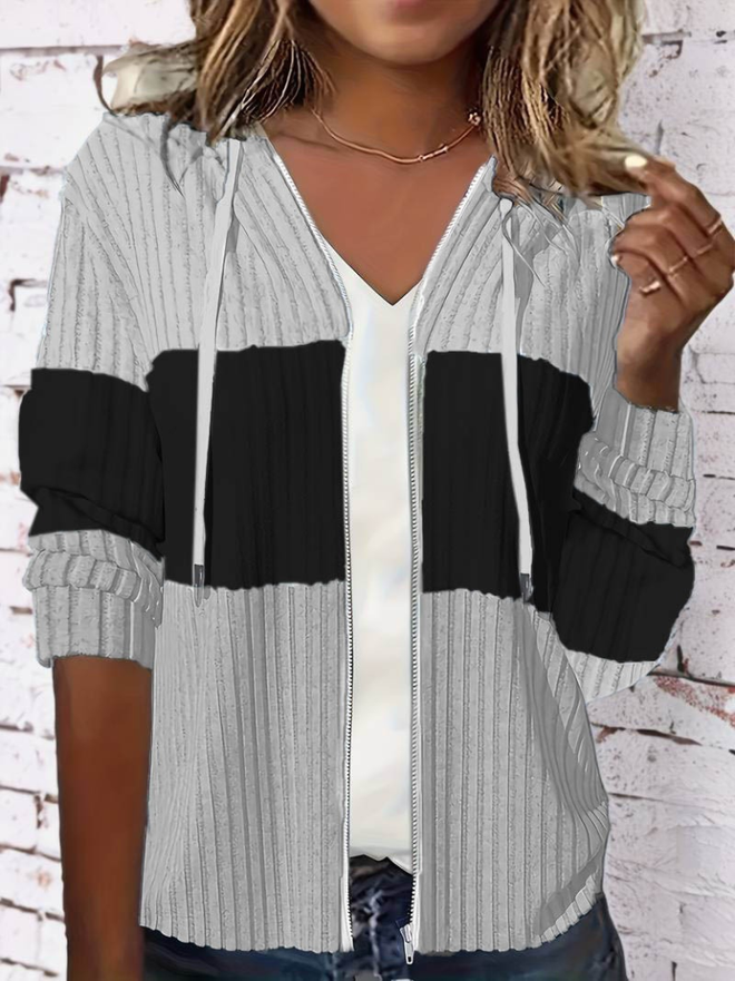 Janes Women's Long Sleeve Hooded Front Zipper Block Patterned Raised Camisole Jacket Gray Wholesale Clothing Casual