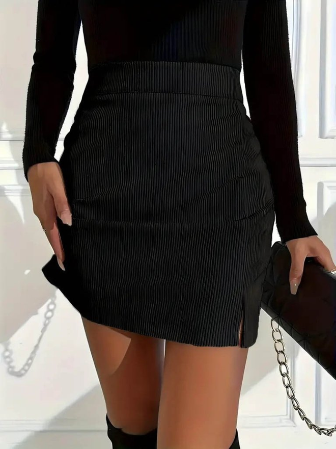 Janes Women's High Waist Side Slit Short Velvet Skirt Black Wholesale Clothing Elegant