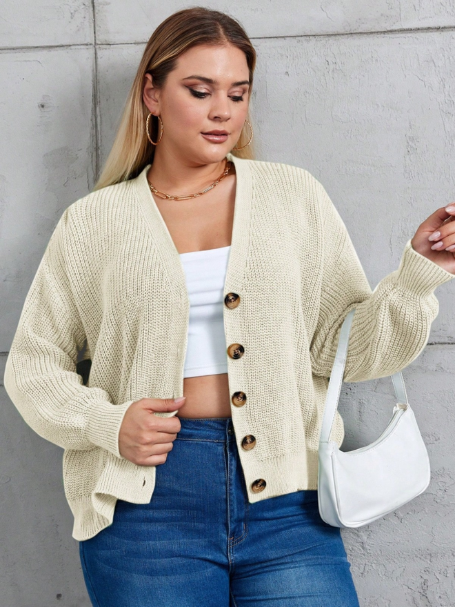 Janes Women's Five Button Detail Plus Size Knitwear Cardigan Beige Wholesale Clothing Casual