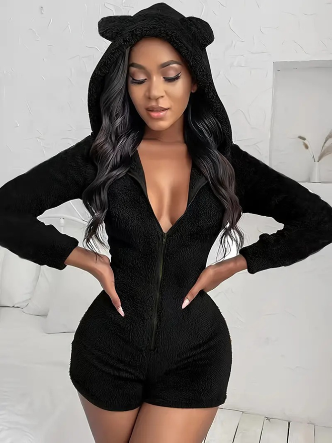 Janes Women's Long Sleeve Hooded And Zipper Detailed Plush Shorts Jumpsuit Black Wholesale Clothing Casual