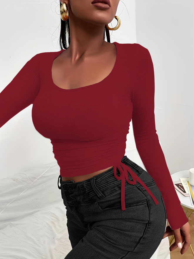 Janes Kadın Uzun Kollu Yanlar Büzgü Detay Kaşkorse Crop Bordo Toptan Giyim Gündelik