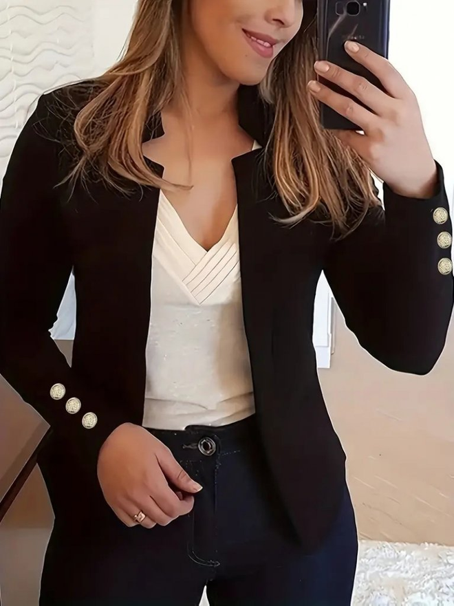 Janes Women's Long Sleeve Swallow Collar Open Front Atlas Jacket Black Wholesale Clothing Formal