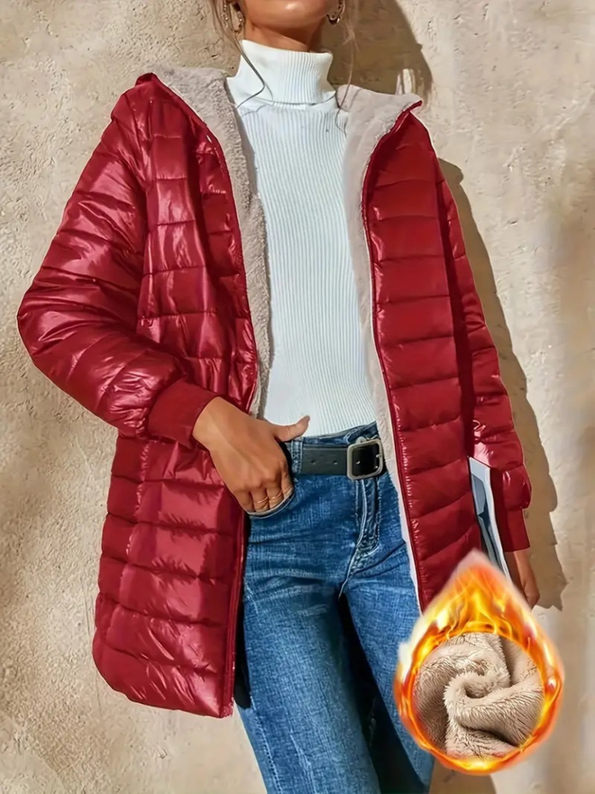 Janes Women's Long Sleeve Hooded Pocket Detailed Zippered Mid Length Coat Red Wholesale Clothing Casual