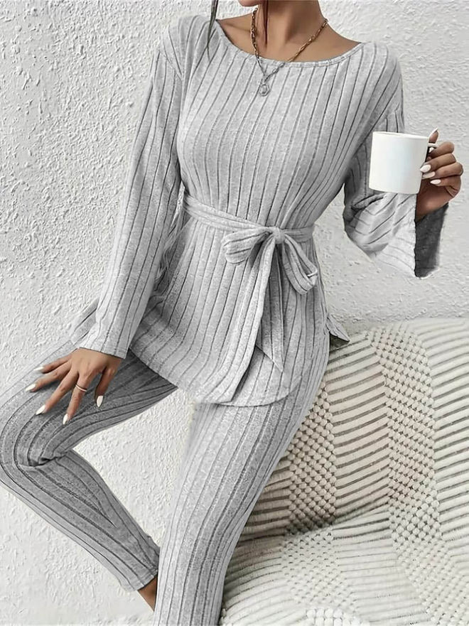 Janes Women's Long Sleeve One Shoulder Open Waist Belted Raised Camisole Blouse And Leggings Pants Gray Wholesale Clothing Casual