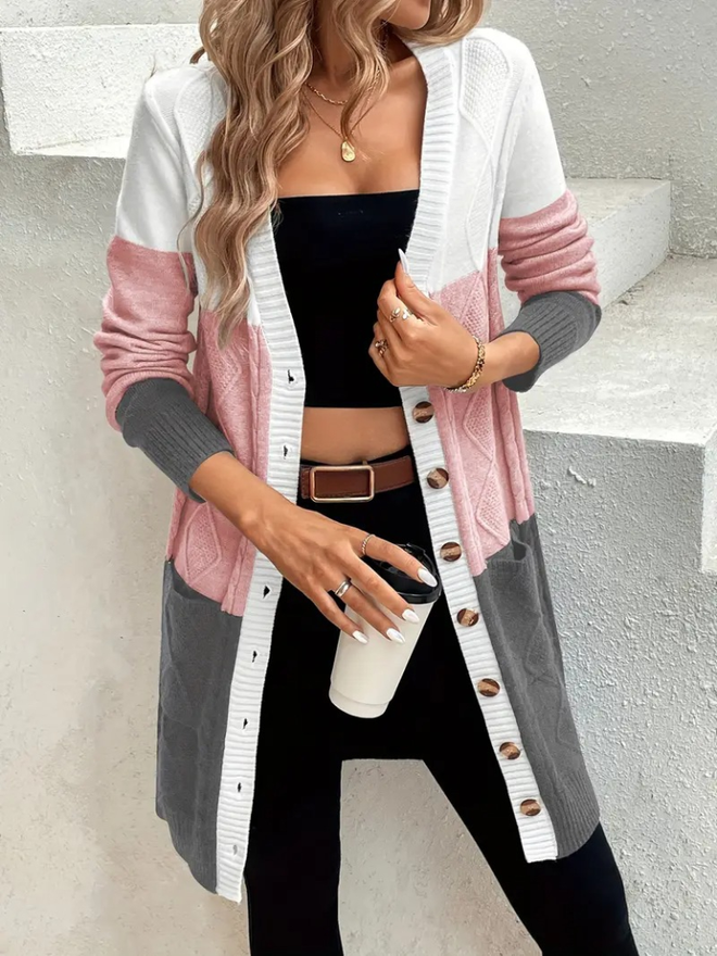 Janes Women's Long Sleeve Front Buttoned And Pocket Mixed Color Knitted Cardigan Pink Wholesale Clothing Casual