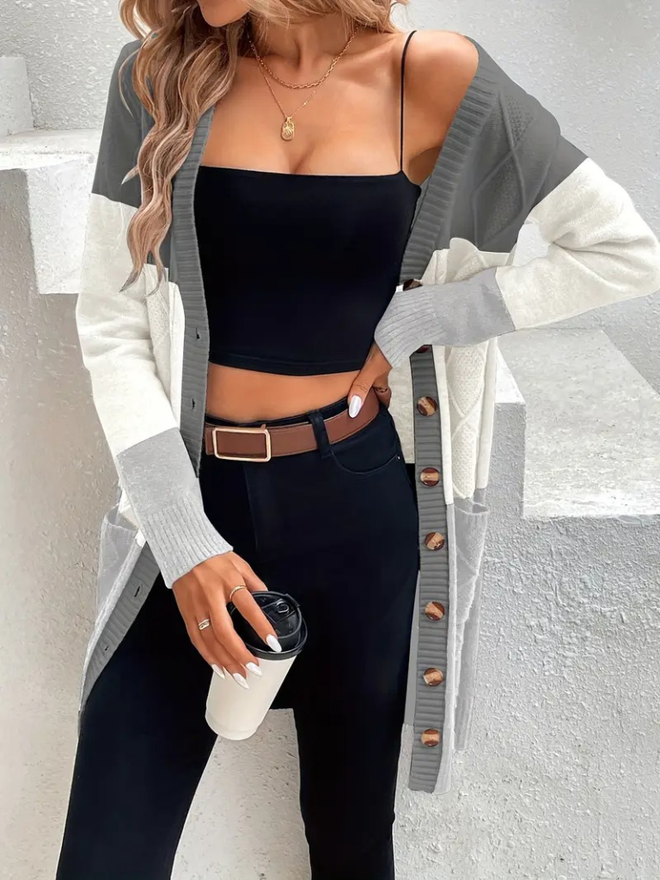 Janes Women's Long Sleeve Front Buttoned And Pocket Mixed Color Knitted Cardigan Black Wholesale Clothing Casual