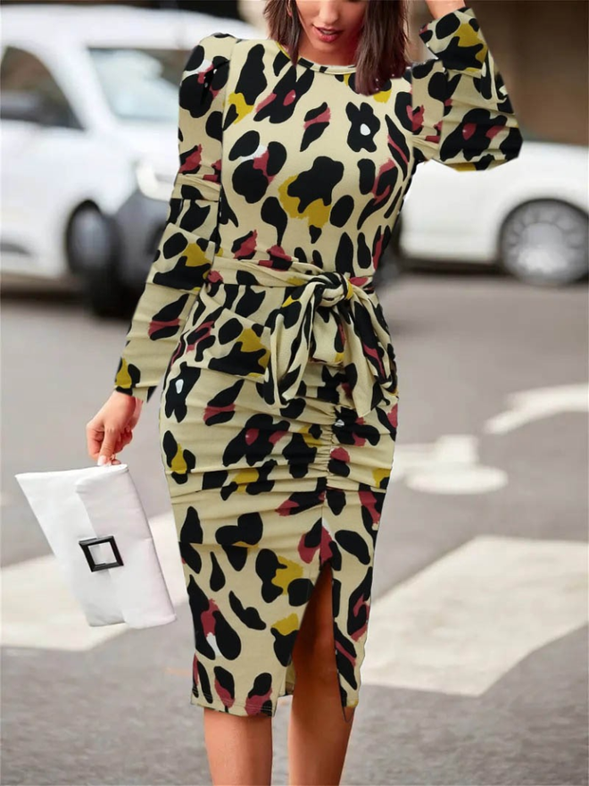 Janes Robe Crêpe Manches Longues Femme Léopard Vêtements en gros Élégant