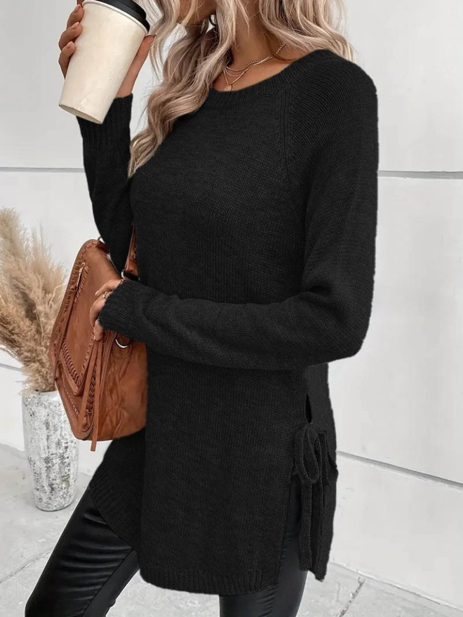Janes Women's Long Sleeve Round Neck Side Tie Knit Blouse Black Wholesale Clothing Casual