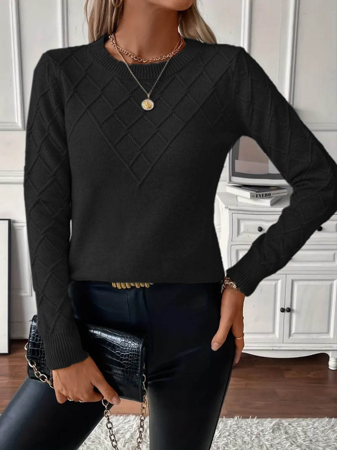 Janes Women's Long Sleeve Crew Neck Geometric Patterned Knit Blouse Black Wholesale Clothing Casual