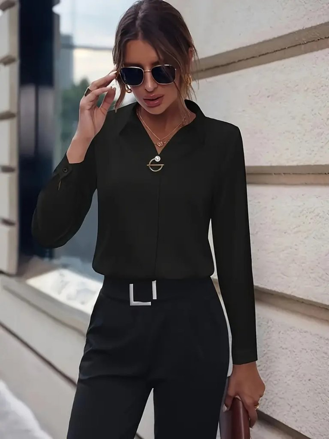 Janes Women's Long Sleeve Collared Tricot Shirt Black Wholesale Clothing Casual