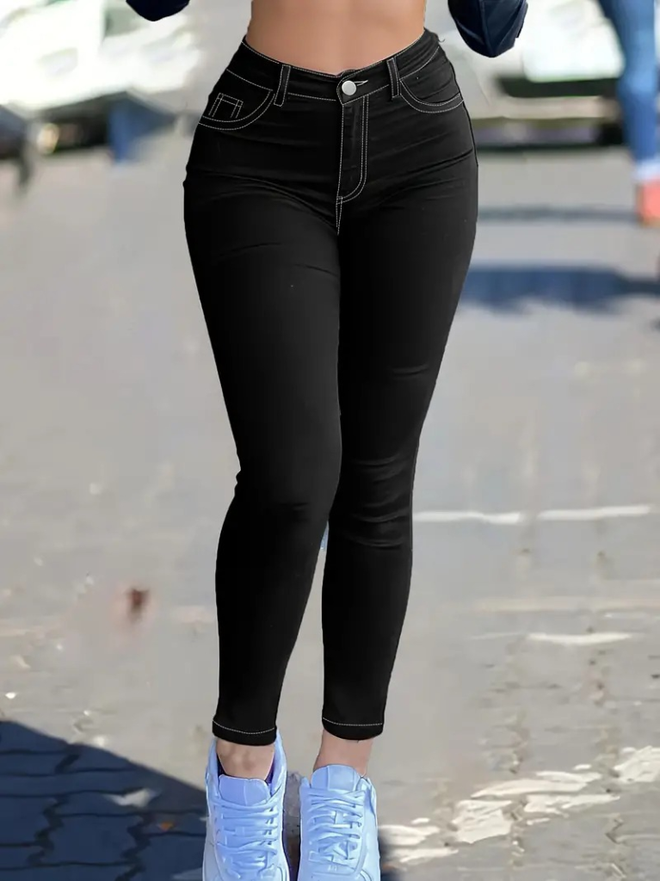 Janes Women's High Waist Front Buttoned Slim Fit Jeans Black Wholesale Clothing Casual
