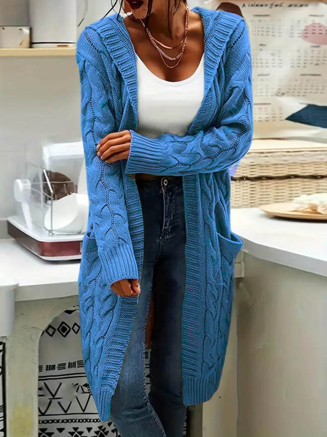 Janes Women's Long Sleeve Hooded Open Front Pocket Midi Cardigan Blue Wholesale Clothing Casual