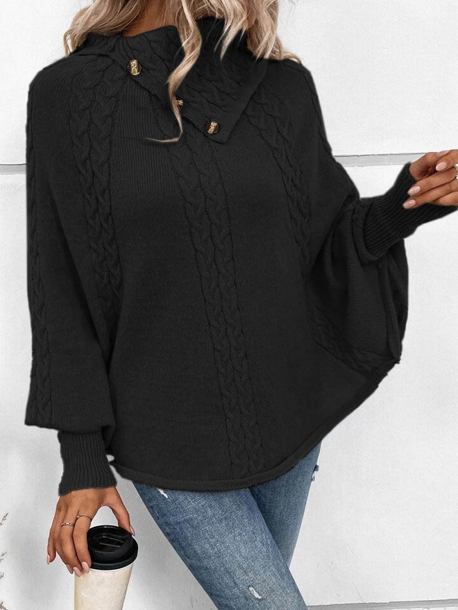 Janes Women's Long Sleeve Turtleneck Button Detailed Knit Poncho Black Wholesale Clothing Casual