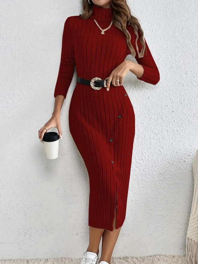 Janes Camisole jurk Met Lange Mouwen Col En Split En Knoop Voor Dames Claret Red Groothandel Kleding Verjaardag