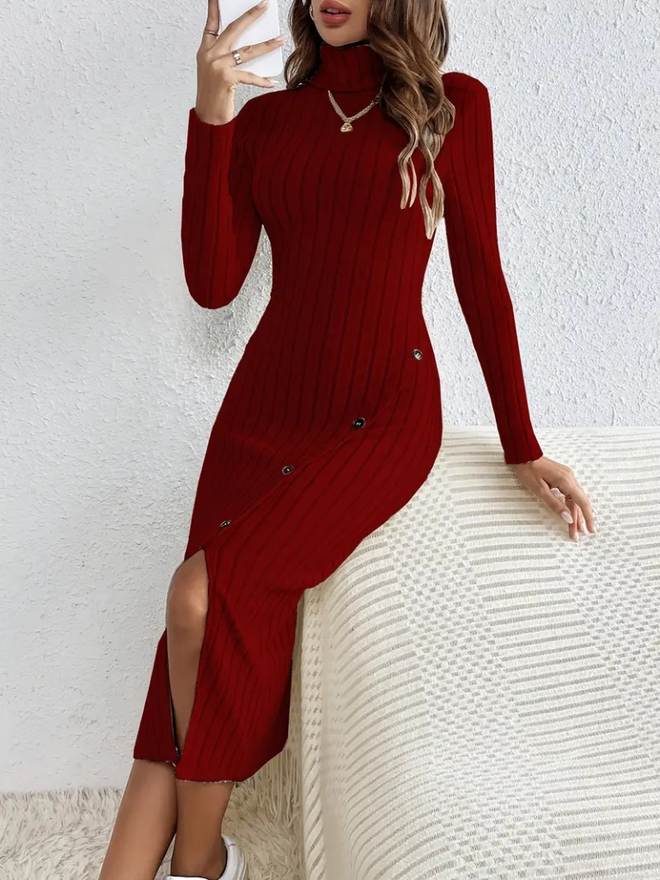 Janes Camisole jurk Met Lange Mouwen Col En Split En Knoop Voor Dames Claret Red Groothandel Kleding 0