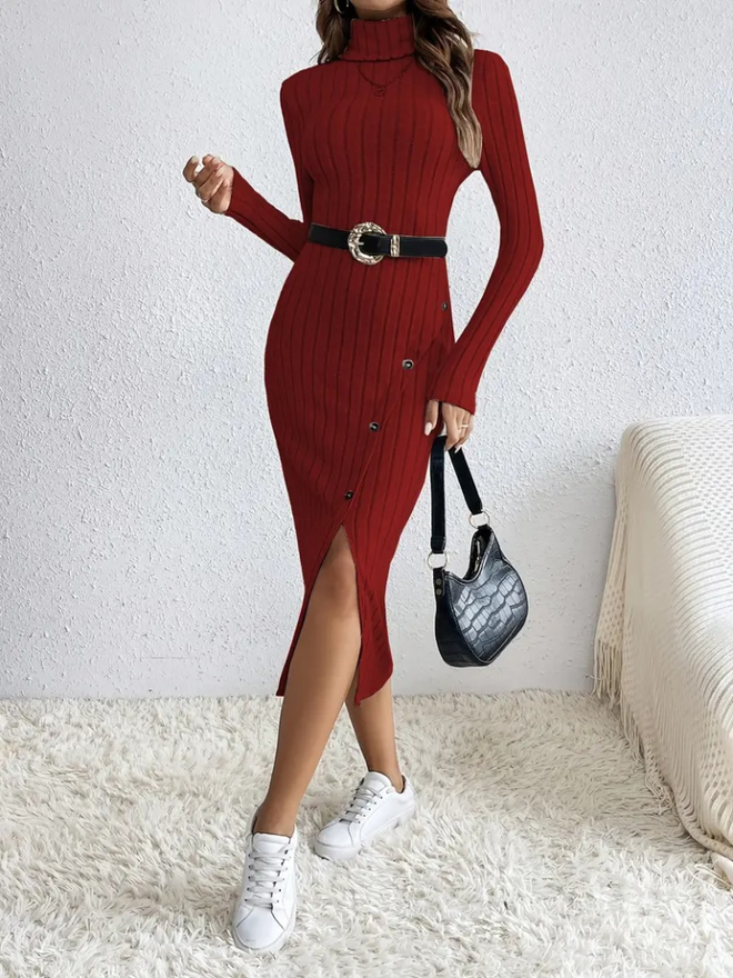 Janes Camisole jurk Met Lange Mouwen Col En Split En Knoop Voor Dames Claret Red Groothandel Kleding Herfst