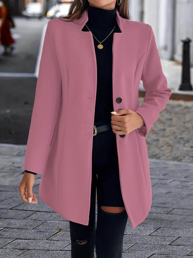 Janes Kadın Uzun Kollu Kırlangıç Yaka Önden Düğmeli Kısa Kaşe Kaban Pembe Toptan Giyim Gündelik
