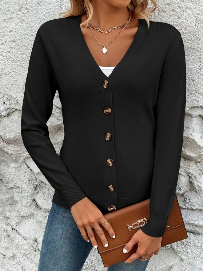 Janes Cardigan Court Boutonné À Manches Longues Noir Vêtements en gros Décontracté