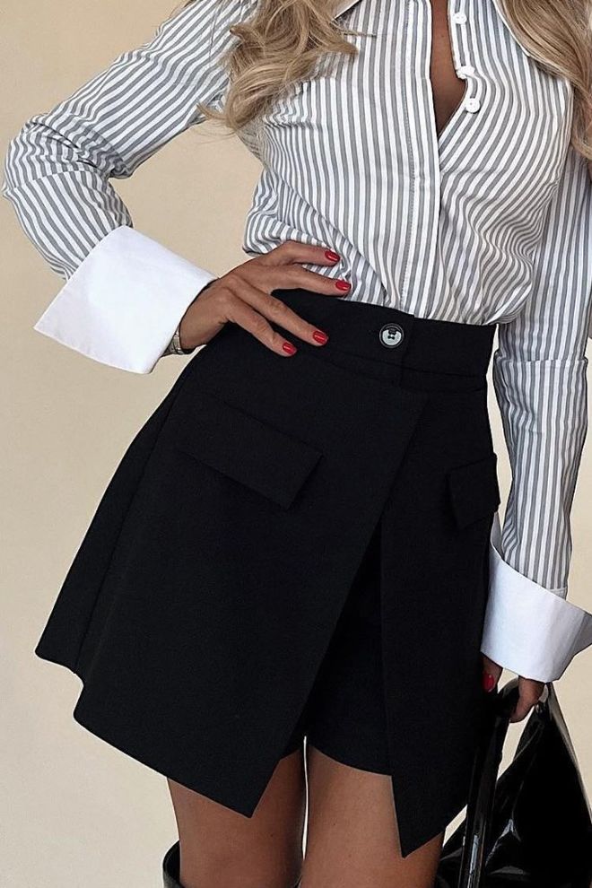 Janes Women's High Waist Buttoned Asymmetric Cut Short Imported Crepe Shorts Skirt With Pockets Black Wholesale Clothing Formal