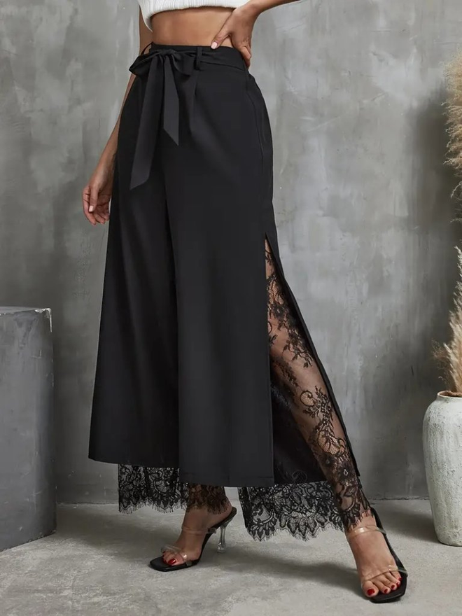 Janes High Waist Belted Lace Detailed Plunge Pants Black Wholesale Clothing Casual