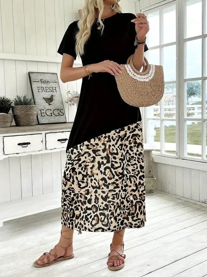 Janes Women's Short Sleeve Crew Neck Leopard Detailed Midi Top Viscose Bottom Suit Dress Black Wholesale Clothing Casual