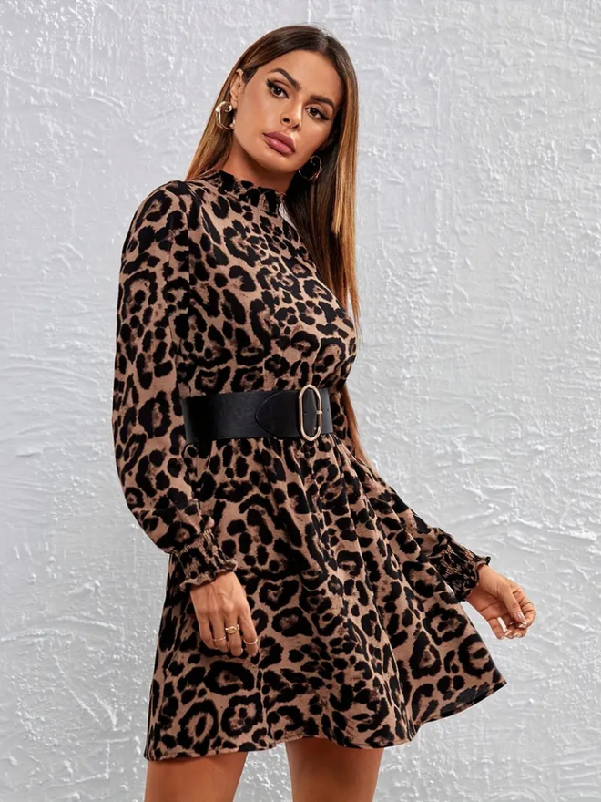 Janes Robe En Velours À Manches Longues Et Col Roulé À Imprimé Léopard Multicolore Vêtements en gros Décontracté