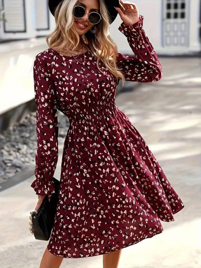 Janes Langärmliges Midi Jerseykleid Mit Rundhalsausschnitt Und Elastischer Taille Für Damen – Weinrot Großhandelskleidung Lässig