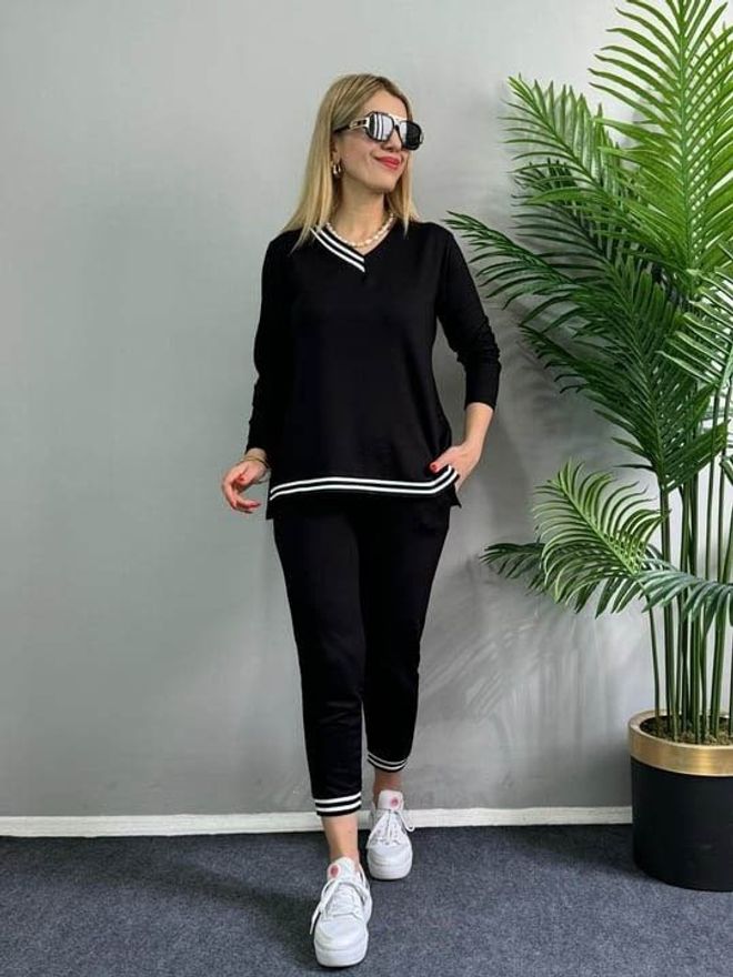 Janes Women's Long Sleeve Rib Detail Viscose Two Yarn Two Piece Suit Black Wholesale Clothing Casual