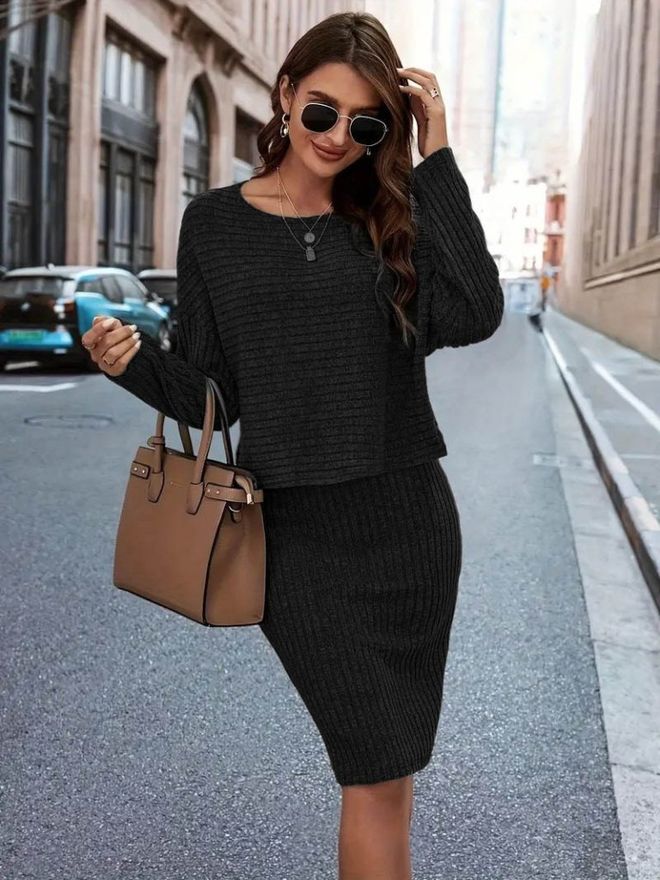 Janes Women's Long Sleeve Open Side Collar Detailed Blouse And Skirt Raised Camisole Two Piece Set Black Wholesale Clothing Elegant