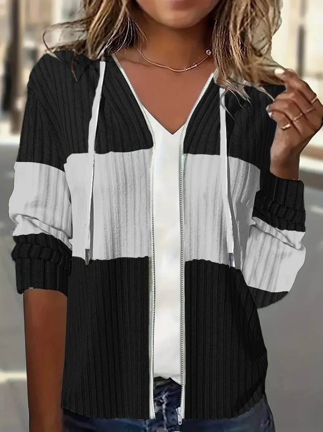 Janes Women's Long Sleeve Hooded Front Zipper Block Patterned Raised Camisole Jacket Black Wholesale Clothing Casual